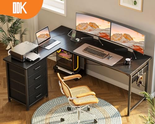 ODK Schreibtisch mit Schubladen, L-förmiger Schreibtisch mit Steckdosen und USB-Ladeanschluss, Reversibler PC Tisch für das Heimbüro, Gaming-Schreibtisch, 135×100cm, Schwarz – Bild 2
