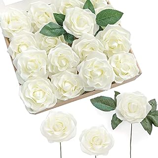 LOKIPA Artificial Rose Flower  , 30 Fake Ivory Cream Foam Roses With Stem for DIY Wedding Bouquets Centerpieces Arrangements Home Decorations
