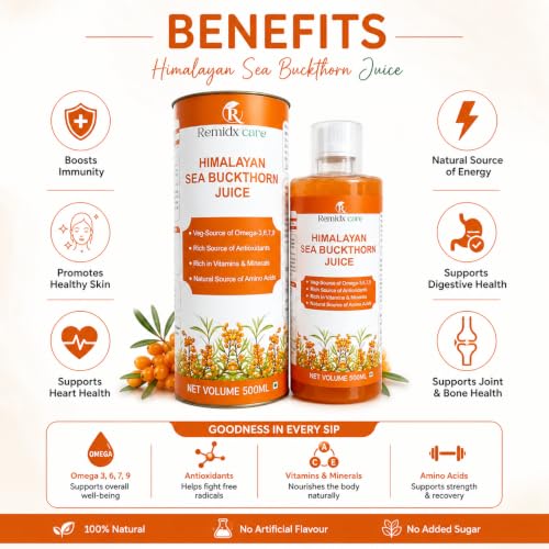 Image of Remidx Care Himalayan Sea Buckthorn Juice 500ml | Rich in Omega 3, 6, 7 & 9 | Natural Source of Antioxidants, Vitamins & Minerals | Amino Acids | Daily Wellness Drink | No Artificial Colors or Flavours Seabuckthorn Juice 500ml.
