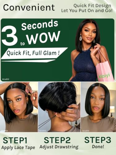 Image of KLAIYI Bye Bye Slip Yaki Straight Bob Wig Human Hair Glueless 13x4Lace Front Wigs Human Hair Drawstring Pre Plucked Bleached Knots Pre Everything 3S Ready to Wear and Go Wig Beginner Friendly 14Inch