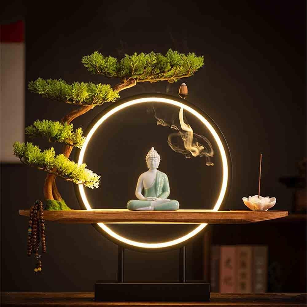 Decorazione della statua del Buddha Ornamento con statua di Buddha in ceramica verde abbinato a un anello luminoso ad albero simulato, decorazione Feng Shui