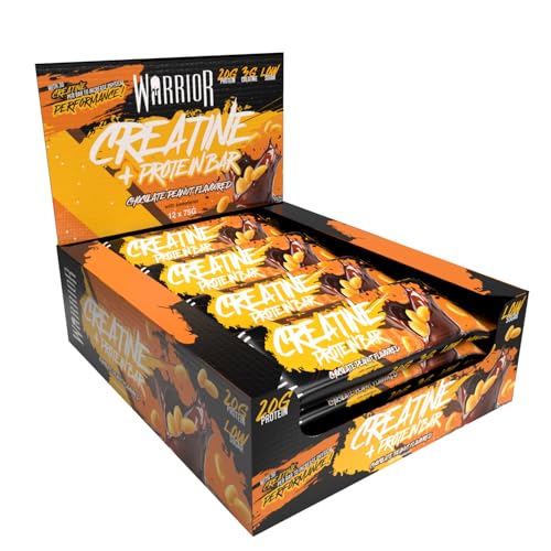 Warrior Creatine Protein Bars – Low Carb Snack, Oat Based Flapjack Bar, Increase Physical Performance, 12 x 75g (Chocolate Peanut)