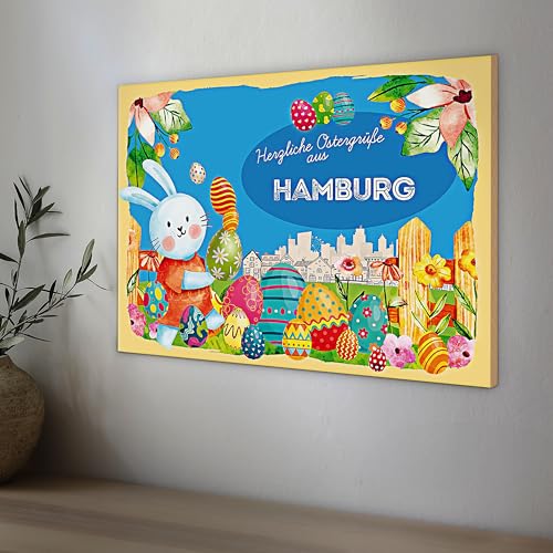 Buntes Holzschild | Herzliche Ostergrüße | aus Hamburg | 18 cm x 12 cm