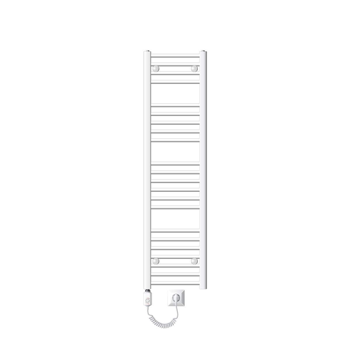 LuxeBath Radiateur Électrique de Salle de Bain Sahara 300x1400 mm Blanc Raccord Latéral Droit Elément Chauffant 1200W +Thermostat Affichage Digital Sèche-serviettes Minuterie et Kit de Fixation Inclus