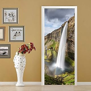 FBITE Murale de porte Blanc Cascade Paysage Autocollants de porte Peel and Stick Décalcomanie de porte imperméable Vinyle Murales de porte Autocollant de papier peint de porte 95x215cm