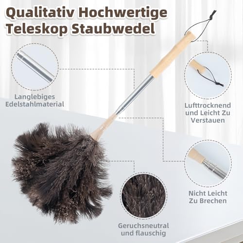 Staubwedel Straußenfedern, Staubwedel Teleskop Waschbar, Ausziehbar bis 115cm für Decken & empfindliche Oberflächen, kratzfreies Entstauben, Bambusgriff,Mit austauschbarem Federkopf, Haken, Rissbürste