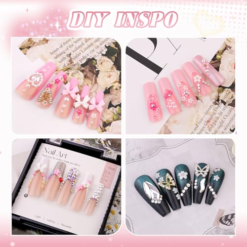 3D Flower Nail Charms for Nail Art, Cute Colorful Acrylic Floral Nail Charms with Caviar Beads and Flatback Pearls, Spring Blossom Petal for Manicure Nail Decor DIY