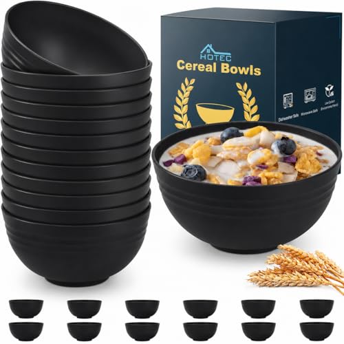 HOTEC 12-PACK BPA Free Unbreakable Plastic Cereal Bowls - Microwave & Dishwasher Safe Soup Salad Camping Bowls, 26OZ, Black