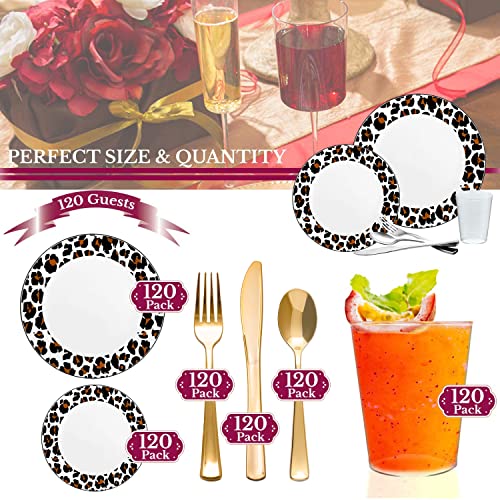White Plastic Plates Wedding Value Sets, Disposable Jungle Theme Design Dinner & Salad Dishes, Silver Cutlery (Spoon, Fork, Knife) Clear Cups (120 Person Package, White With Black And Brown Leopard) #TOP4