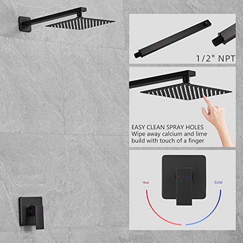 Heable Matte Black Shower Faucet Set, Single Function Shower Trim Kit with Rough-in Valve, Square Rain Shower Head System Included Extra Long Shower Arm for Bathroom by Heable - Image 2