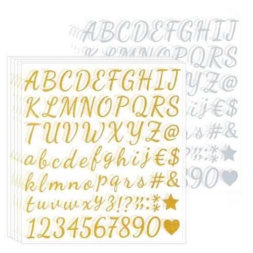 Molain 810 calcomanías autoadhesivas con purpurina dorada y plateada, 10 hojas impermeables de números de letras del alfabeto, calcomanías para decoración de aula, negocios, manualidades (estilo 2)