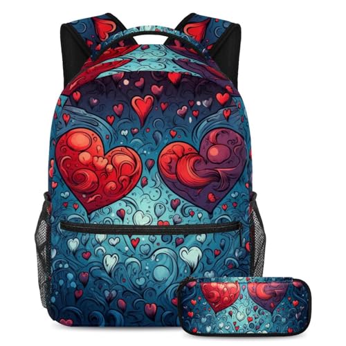 Sac à dos imprimé cœur rouge 99 avec trousse pour l'école et voyage