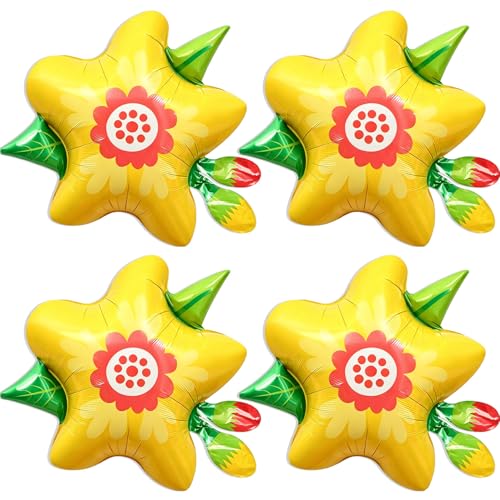 4 Pcs Bright Yellow Flower Balloons, 32 Inch Floral Foil Balloons for Summer Tropical Hawaiian Themed Party Decorations Beach Party Decorations