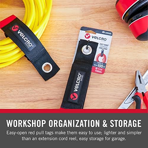 Image of VELCRO Brand EASY HANG Extension Cord Organizer Holder | Large 18 inch Heavy Duty Straps for Garage Organization and Storage Grommet Hangs Easily on Wall Hooks or Nails 2pk, Holds 100lbs, Black