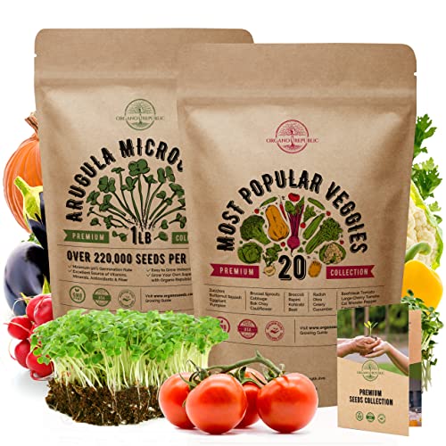 Arugula Microgreens & 20 Most Popular Vegetables Seeds Bundle Non-GMO Heirloom Seeds for Planting Indoor and Outdoor Over 221,300 Microgreen & Vegetables Seeds in One Value Bundle