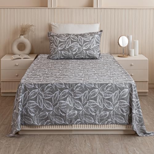 Image of HOMEMONDE Cotton Bedsheet for Single Bed Soft Luxury Leaf Printed 210 TC Flat Sheet with 1 Pillow Cover, Perfect for Home Decor & Gifting - (60 x 90 Inch, Grey)