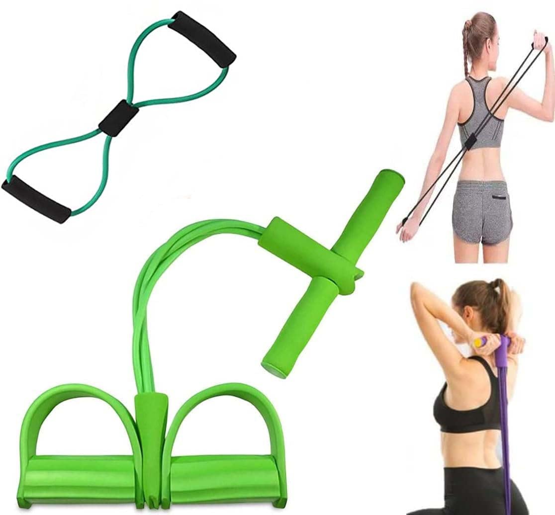 Multifunction Elastic Sit Up Pull Rope Foot Pedal - 4 Tubes Pedal Resistance Band - Chest Expander Ideal Fitness Exercise at Home/Gym - Targeting Arms, Legs & Abdomen for Slimming Training (Green)
