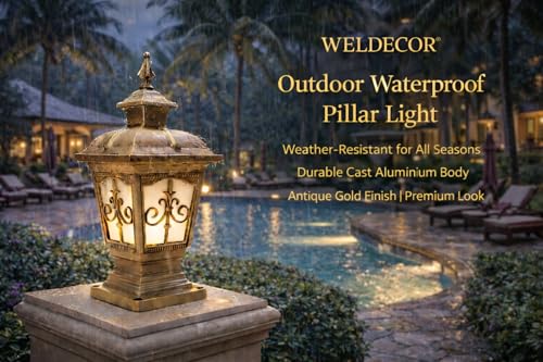 Image of Weldecor Outdoor Main Gate Pillar Light, Set of 2, Aluminium Die Cast Waterproof, LED Compatible Lamp Post for Garden Pathway, Antique Boundary Wall Lights for Home, Villa, Resort & Farm House