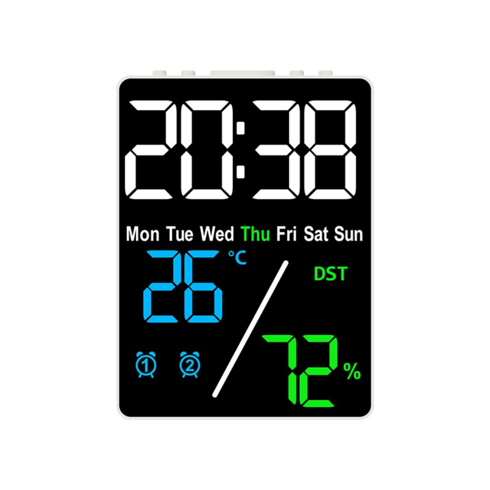 multi-function display digital alarm timepiece thermometer large screen digital alarm timepiece hygrometer night light temperature humidity monitor for desk, bedroom, multicolor, white shell