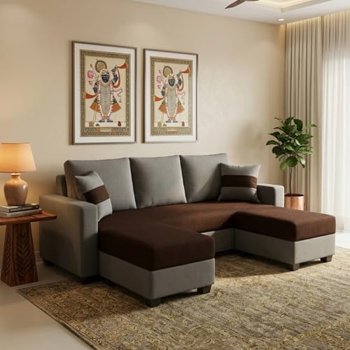 Image of FURNY Aura 3 Seater Modular Fabric Sofa Set with 2 Ottomans (Dark Brown-Dark Grey) | 5-Person Seating with Premium Velvet Finish | Ideal for Living Room