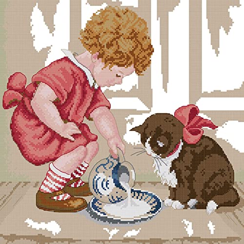 Kit Point de Croix Garçon et Chat 11CT Broderie Estampée 40x50cm