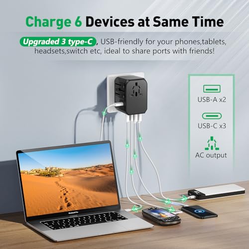 Universal Travel Adapter International Plug - European Travel Plug Adapter Worldwide US AUS EU UK Spain Germany Ireland Italy - All-in-one Travel Outlet Power Adapter with 3 USB C 2 USB A - Image 5