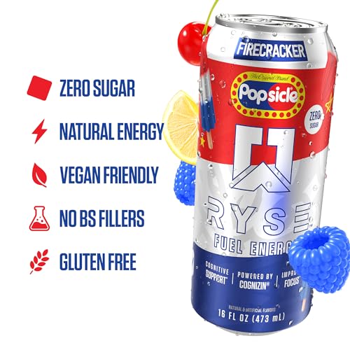 Image of RYSE Fuel Energy Drink - Popsicle Firecracker - Sugar Free - 200mg Natural Caffeine, New Formula to Supports Cognitive Health & Improves Focus - No Artificial Colors - 16 fl oz Cans (12-Pack)