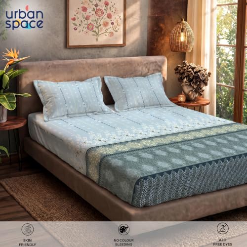Image of Urban Space Serene 100% Cotton bedsheet for Single Bed, 200 TC Single Bed Sheet, Cotton bedsheet with 1 Pillow Cover (58 x 90 inches, Origami Teal Grey)