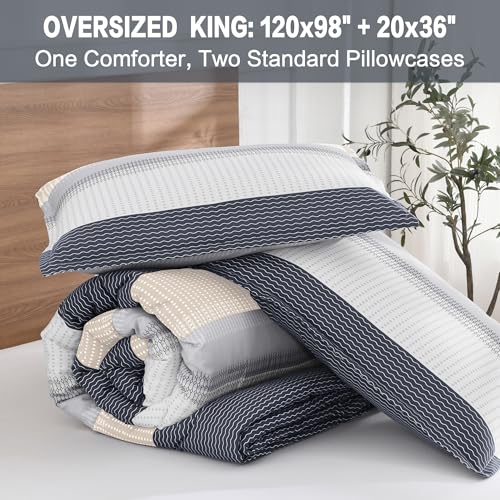 Litanika Oversized King Comforter Set Blue Yellow 120x98-3 Pieces Lightweight Colorblock Stripe Fluffy Bedding Comforter Sets, All Season Bed Set