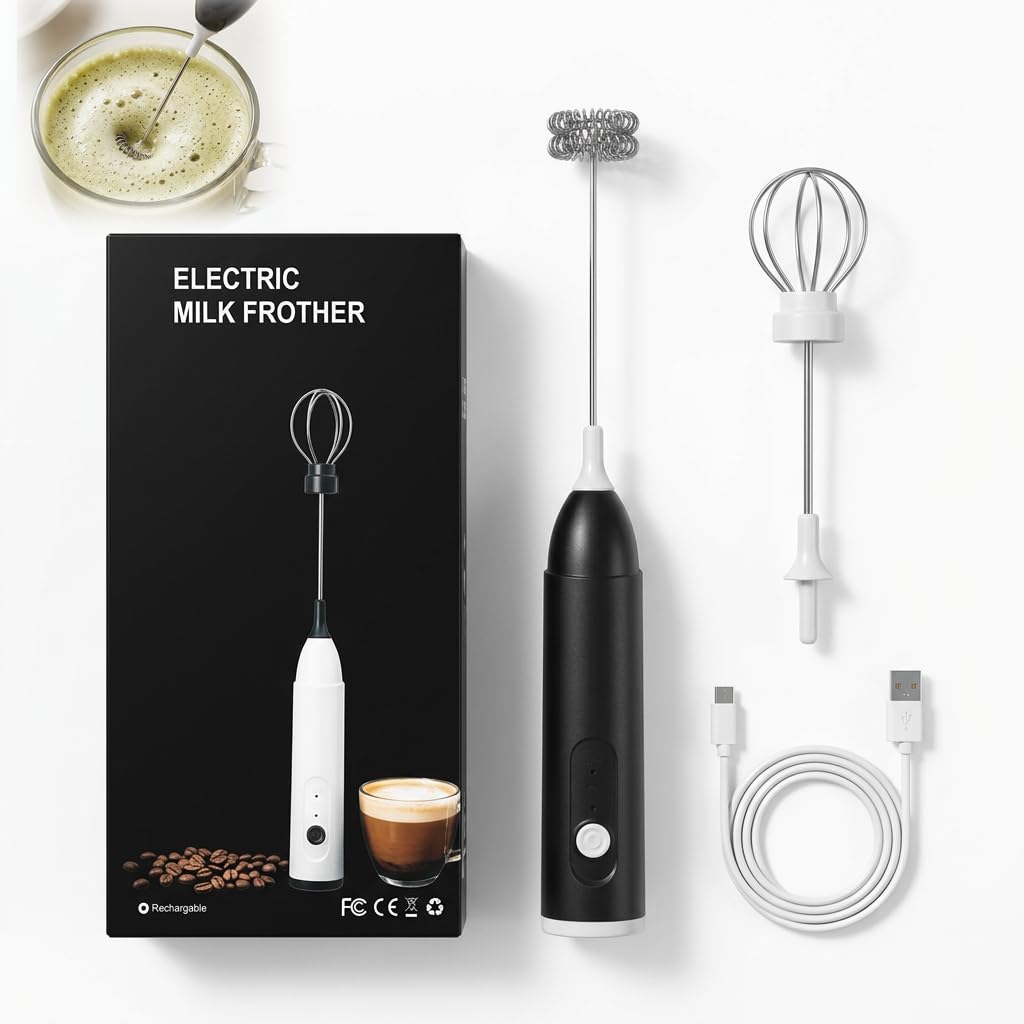Electric Milk Frother Handheld, USB Rechargeable Coffee Frother 2 Whisk, Hand Frother Coffee Milk Whisk Foam Mixer, Portable 3 Speeds Electric Whisk for Chocolate Cappuccino Frappe Latte Egg, Black