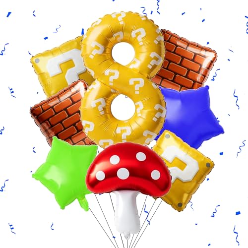 40 Inch Yellow Question Mark Number 8 Balloon Set Video Game Theme Birthday Party Decoration Mushroom Question Mark Square Star Shaped Balloon ChildrenS Birthday Photo Background Party Supplies