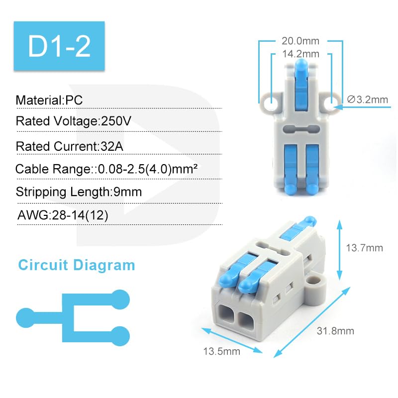 1 in Multiple Out Lever Wire Connectors 28-12 AWG Push-in Compact Splicing Wiring Terminals Quick Disconnects Home Junction Box(D1-2BL)