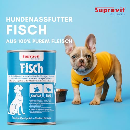 Supravit Nassfutter für Hunde I wohltuendes Hundefutter nass Fisch & Lachs I 12 x 410g Dosen I Hunde Nassfutter getreidefrei & ohne Soja I schmackhafte Delikatesse für den Hund