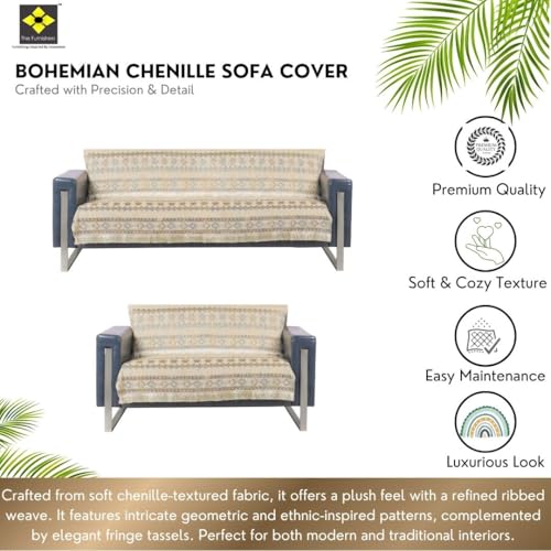 Image of Elegant Woven Beige Sofa Cover - Soft Chenille Traditional Pattern with Lace Style | L-Shape Sectional Seat Protector for Living Room | Durable & Stylish Slipcover 3+2 Seater Sofa Cover