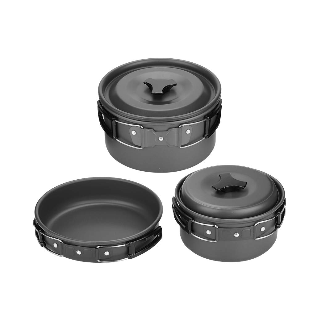 Camping Cookware Outdoor Cooking Set Lightweight Nonstick Picnic Cookware for 2 3 People Oxidized Aluminum Alloy 17cm Big Pot 14cm Small Pot 18cm Frying Pan 3 Bowls Soup Spoon