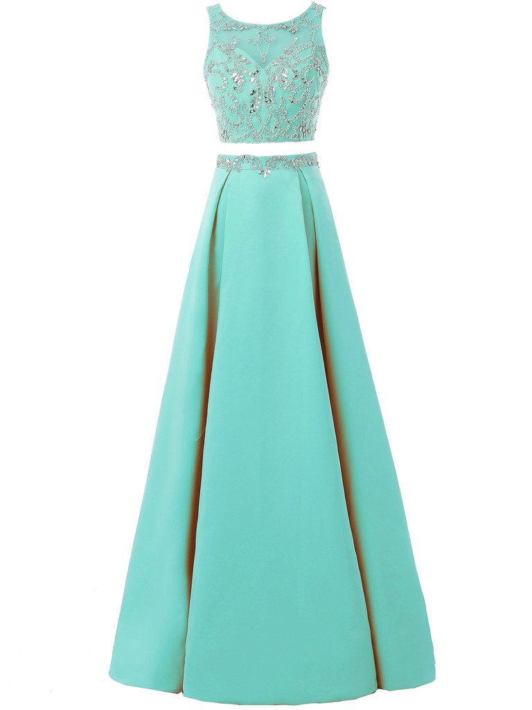 Women's Beaded Two Pieces Long Prom Dress Satin Evening Gown Party Bridesmaids Homecoming Dress