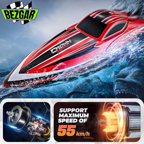 BEZGAR RC Boat, 16 inch Big Brushless Remote Control Boat for Adults and Kids, 55 KPH Large Fast RC Speed Boats with 2000mAh Battery, Ideal Waterproof Toy Boats for Lakes - HJ818PRO Red