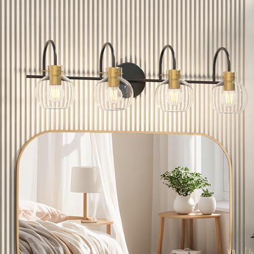Image of 4 Light Bathroom Vanity Light, Black and Gold Light Fixtures, Sconces Wall Lighting with Glass Shade, Modern Brushed Vanity Lights for Bedroom, Hallway,Bathroom Lighting Fixtures Over Mirror