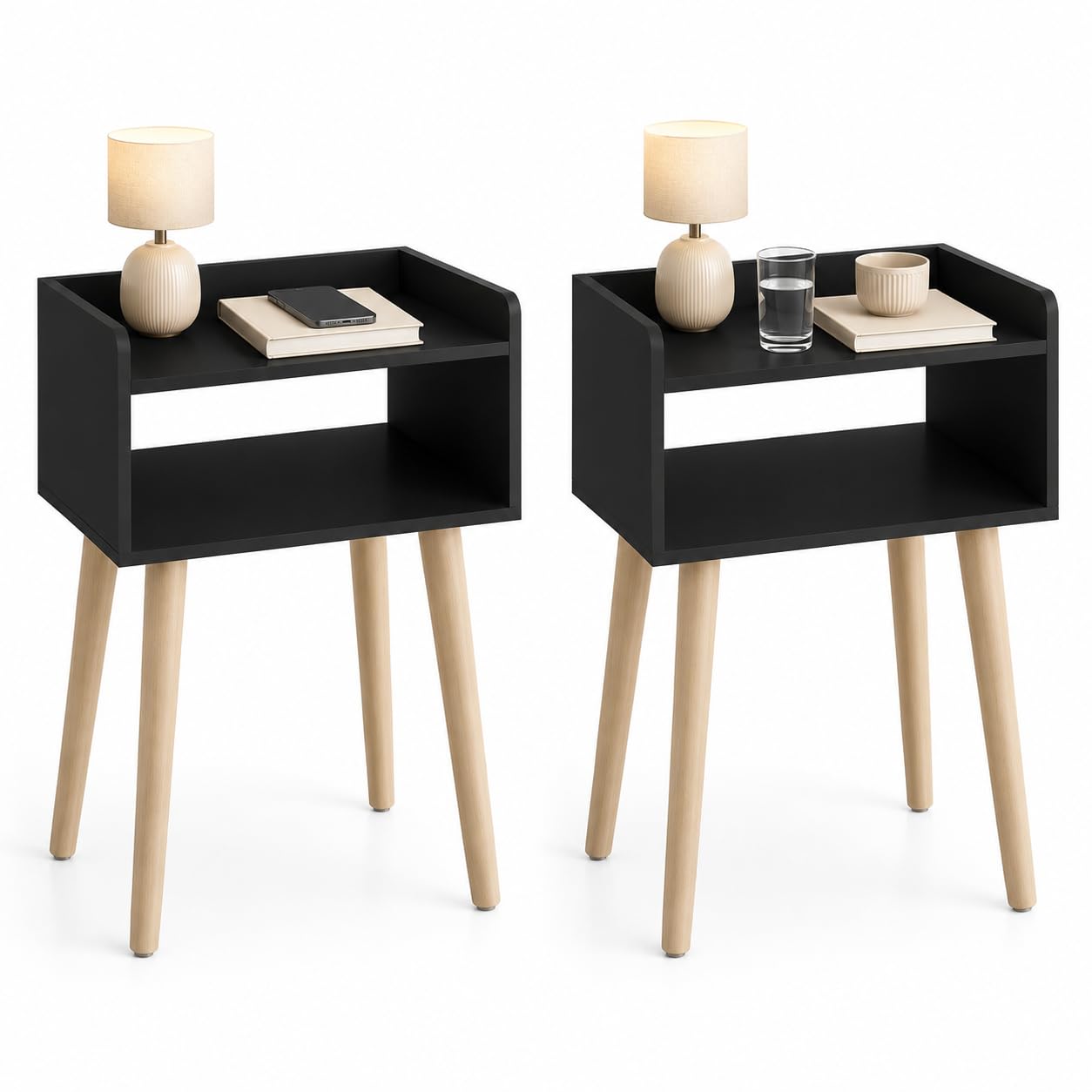 URBNLIVING Modern Bedside Table with 2 Shelves, Storage Display Unit, Solid Pinewood Legs, Contemporary Nightstand for Bedroom, Living Room & Home Office Set of 2