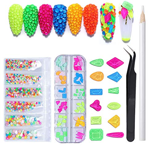 1956 pcs Luminous Nail Rhinestones Crystal AB Rhinestones Nails(1884Pcs+70 Gems),12 Different Shapes Nail Art Gems Stones Mix Color Flatback 3D Nail Decoration Charms Glow in the Dark Beads (Luminous)