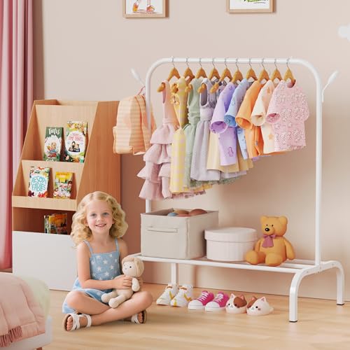 FLOUREE Kinder Kleiderständer mit unterem Aufbewahrungsregal, Metall-kleiderstange für Kinder, freistehend, Tanzkostüm, Kleiderständer zum Aufhängen von Kleidung, Weiß, 80cm B x 45cm T x 100cm H