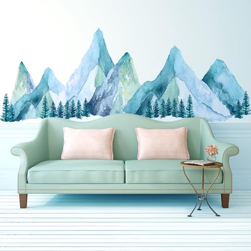 Image of Large Mountain Wall Decals, Blue Pine Tree Peel and Stick Vinyl Wall Stickers & Murals, Removable Home Room Wall Decor for Bedroom Living Room Bedroom Classroom Office Nursery
