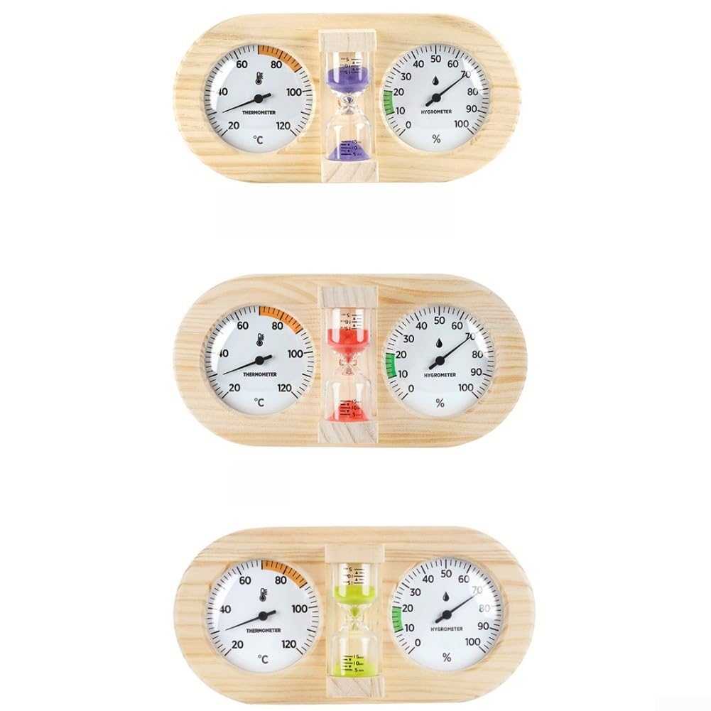 Termohigrómetro de sauna con temporizador de reloj de arena, medidor de temperatura y humedad montado en la pared de madera de pino para sala de sauna, 20-120 °C 0-100% HR (A)