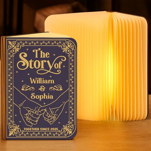 HappyHeartedGifts Personalized Folding LED Magic Book Lamp – Custom Name Girl Who Loves Books Warm Ambient Light Unique Gifts Bookworms, Readers Décor Bedroom, Reading Room (The Story of Couple)