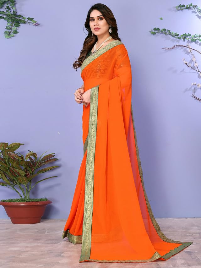 Image of Satrani Women's Woven Jari Border Chiffon Saree with Unstitched Blouse Piece( 