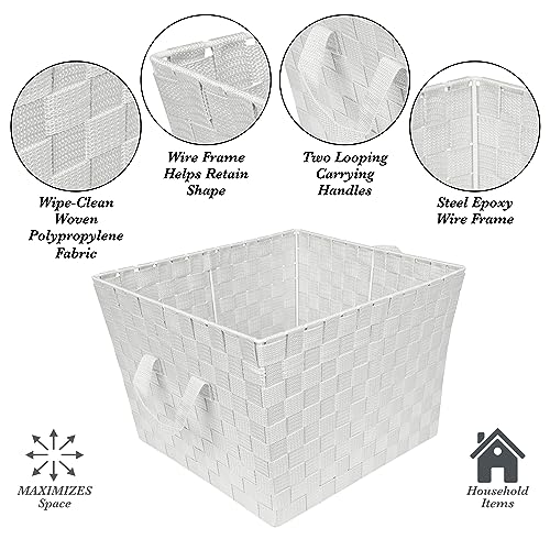Image of Simplify Large Woven Strap Tote | Decorative Storage Basket | 2 Handles | Organization | Closet | Bedroom | Bathroom | Nursery | Accessories | Toys | Gifts | 4 Pack | White