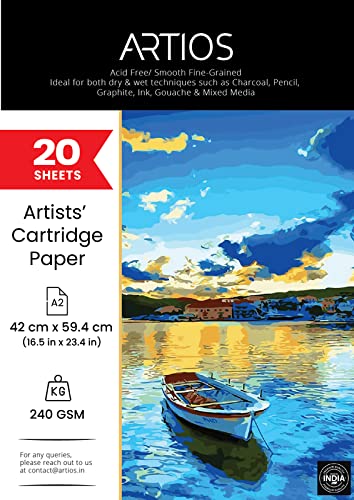 Image of ARTIOS Mixed Media Cartridge Paper A2 240 GSM - 20 Drawing Sheets for Artists, Ideal for Charcoal, Graphite, Acrylic, Watercolor, Gouache, Ink, & Other Mixed Media