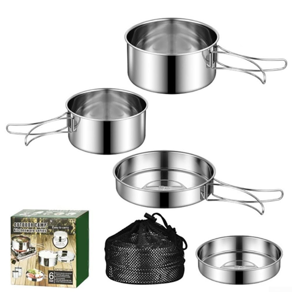 Batterie de cuisine camping en acier résistant à la chaleur avec poignées pliables