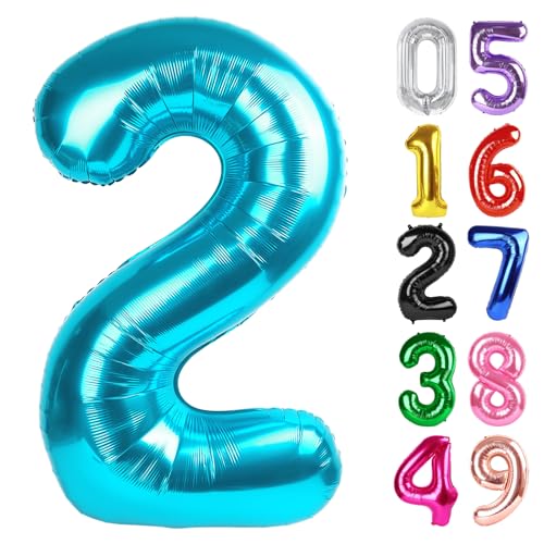 Image of Light Blue Number 2 Balloon 40 Inch, 2nd Birthday Decoration, Sparkling 2 Number Balloon Party Decor