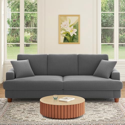 Kidirect Cord Sofa 3 Sitzer, 221CM Bequemes Couch 53CM Extra Tiefe Sitze, Sofa Wohnzimmer Werkzeugfreie Montage, Big Sofa Couch mit 2 Kissen, Modernes Couch fürs Büro, Schlafzimmer Sofas Grau Kidirect Cord Sofa 3 Sitzer, 221CM Bequemes Couch 53CM Extra Tiefe Sitze, Sofa Wohnzimmer Werkzeugfreie Montage, Big Sofa Couch mit 2 Kissen, Modernes Couch fürs Büro, Schlafzimmer Sofas Grau